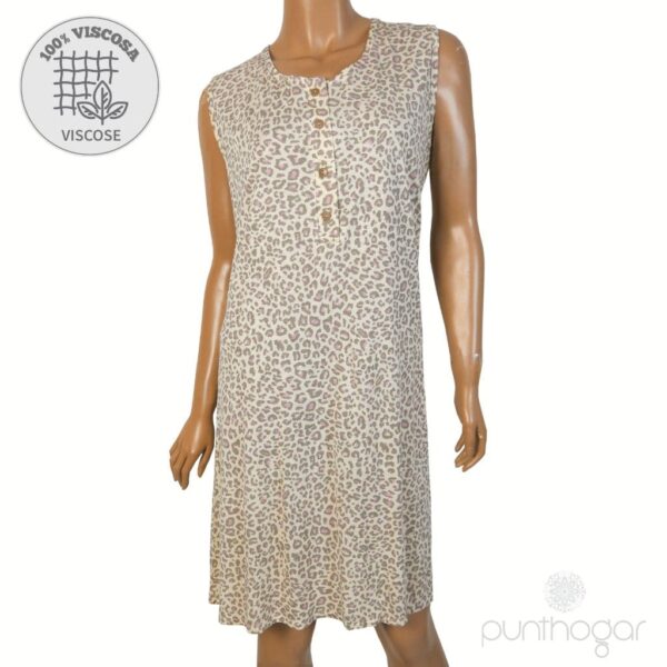 Camisón mujer juvenil sin mangas, estampado de leopardo en tonos beige y gris, marca LIN modelo 5370, 100% viscosa, fabricado en España.