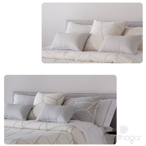 Cojín LINE en dos combinaciones de colores: una en tonos beis y fondo claro, y otra en tonos gris y fondo claro, ambos sobre una cama