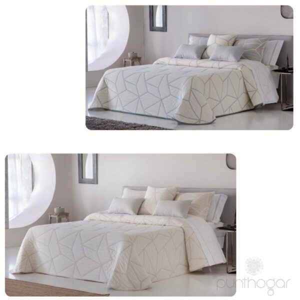 Colcha piqué LINE con diseño geométrico elegante, disponible en beis y gris para camas de 90 hasta 180cm. Dibujo reversible con patrón invertido en cara reversa.