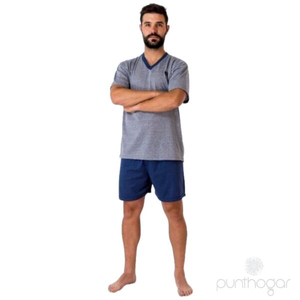 Pijama Hombre Manga Corta Dormen 7019 - Camiseta Gris y Pantalón Azul