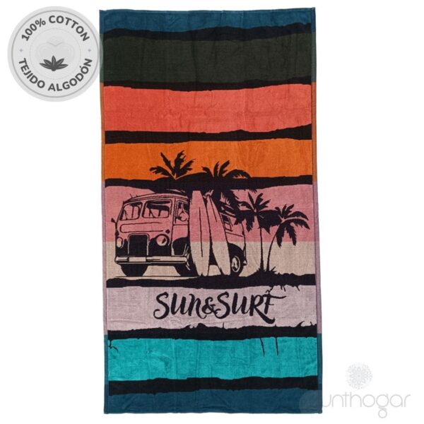 Toalla de playa HAWAI 5961 con furgoneta vintage y tablas de surf.