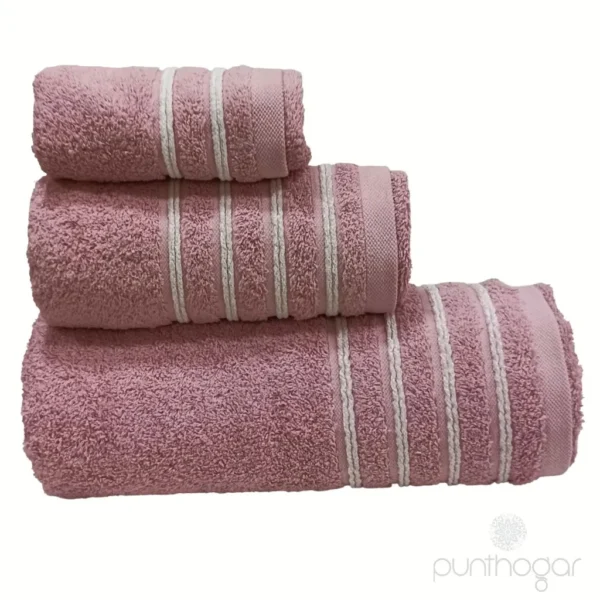 Juego de toallas de algodón CHENILLE en color rosa, con rayas decorativas blancas y textura suave