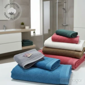 Pila de toallas de baño Trovador de colores surtidos modelo VENUS, 100% algodón con cenefa listada.