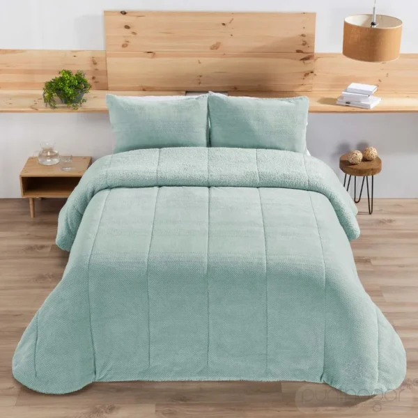 Edredón sherpa Manterol RISO verde para cama completa. Edredón borreguito moderno y elegante