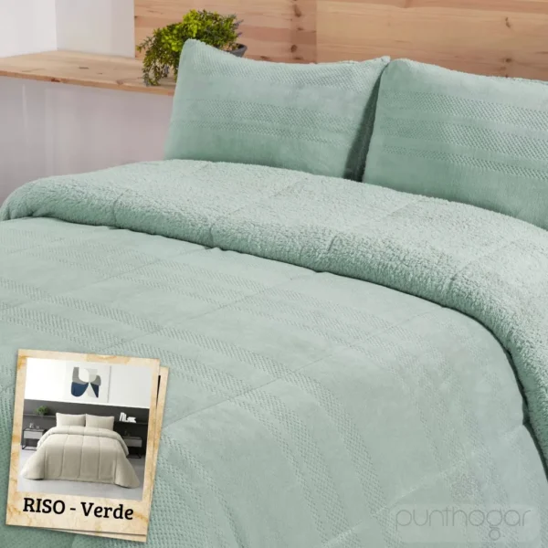Primer plano del edredón sherpa de invierno RISO color verde, destacando el diseño y la suavidad del borreguito.