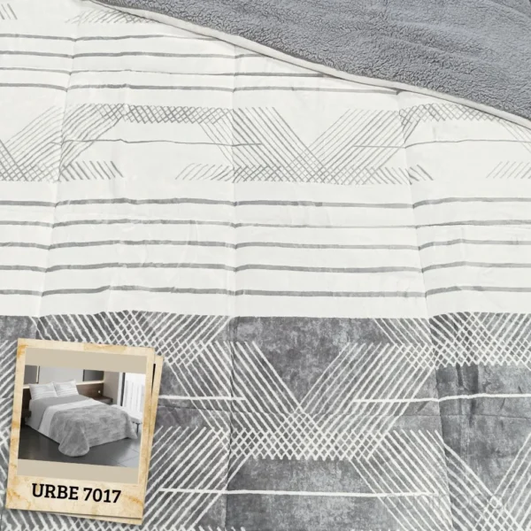 Detalle tejido borreguito sherpa gris del edredón Trovador URBE 7017 con diseño geométrico