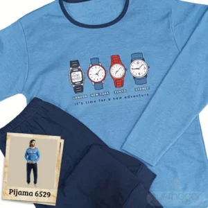 Pijama de invierno hombre LIN 6529 camiseta azul estampada de relojes y pantalón largo marino