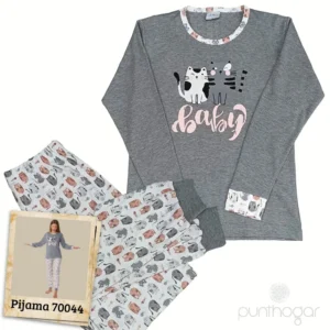 Pijama mujer invierno 70044 con camiseta gris con logo de gatos y pantalón claro con estampado de pequeños gatos
