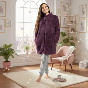 Mujer con bata mujer invierno LIN 1038 en coralina cálida, color morado, de pie en salón acogedor con ventana y decoración moderna.