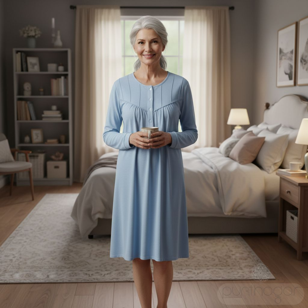 Camisón clásico mujer LIN 6472 azul claro en interlock perchado cálido, fabricación española.