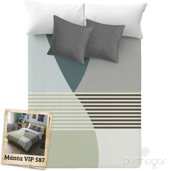 Manta cama juvenil terciopelo gris y verde modelo VIP 587 Manterol con estampado geométrico moderno y equilibrado, compuesto por líneas finas y formas abstractas