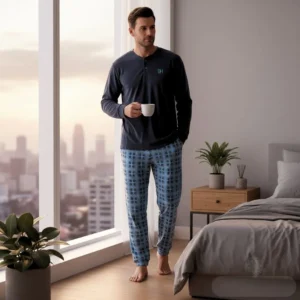 Pijama hombre invierno CARTER en terciopelo velvet, modelo lifestyle en dormitorio moderno.