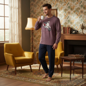 Pijama hombre algodón largo Dormen con diseño moto Vespa en salón vintage