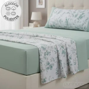 Cama con juego de sábanas Casa Campo ARNO verde aguamarina puesto, 50% algodón 50% poliéster. Incluye detalle de composición.
