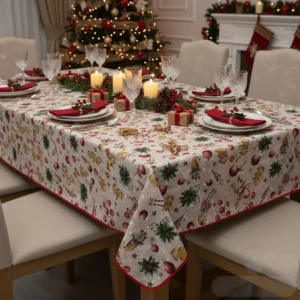 Mesa puesta con el mantel de navidad Duendes Nórdicos. Diseño navideño con motivos nórdicos, duendes, acebo y bolas rojas. Mantel lavable de alta calidad.