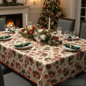 Mesa de Navidad decorada con el mantel de navidad Ornamentos Clásicos. Diseño elegante con adornos, bolas y acebo. Mantel lavable de alta calidad.