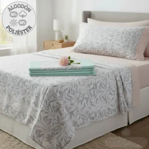 Juego de sábanas FABIO con estampado de hojas en verde y rosa – 50% algodón + 50% poliéster – 4 piezas – Casa Campo