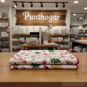 Primer plano del mantel de navidad modelo Duendes Nórdicos plegado, con el borde rojo al biés visible. Producto del fabricante Samaruc.