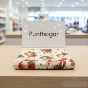 Primer plano del mantel de navidad modelo Ornamentos Clásicos plegado, con el patrón de adornos y el borde rojo. Producto del fabricante Samaruc.