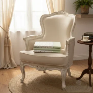 Sábanas modelo MILOS de ABECÉ dobladas sobre sillón vintage, colores verde y floral, ideal para camas de 90 a 150cm.