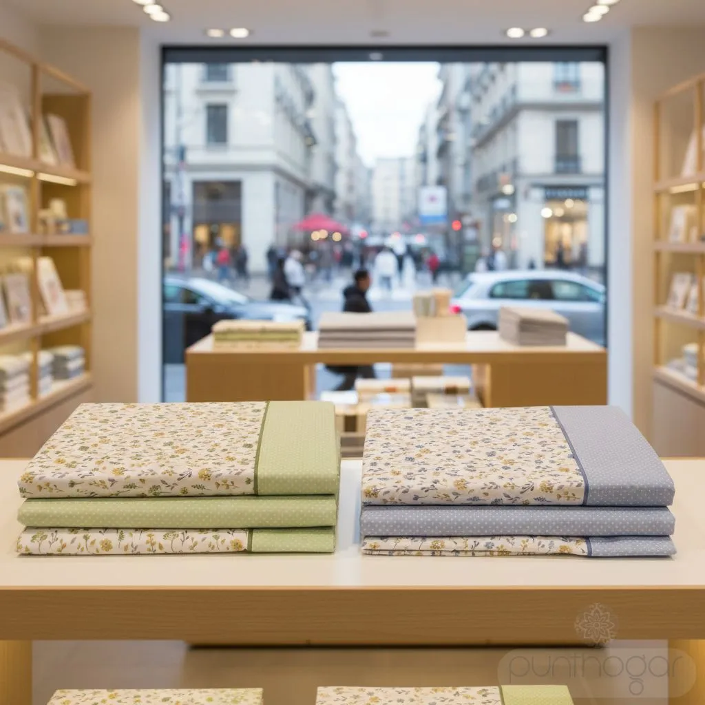 Juego de sábanas MILOS de ABECÉ en exposición de tienda, colores celeste y verde con diseño floral, disponible en varias medidas.