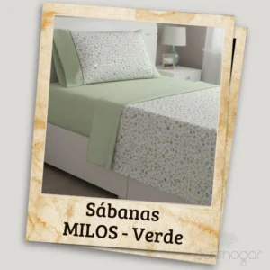 Juego de sábanas MILOS color verde de ABECÉ en cama doble, diseño floral con franja verde, ideal para dormitorios frescos y naturales.