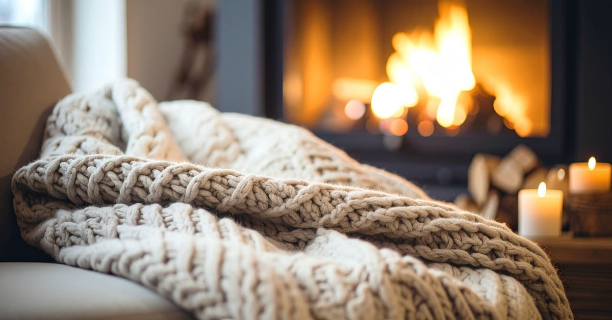 Manta de punto grueso frente a una chimenea encendida, ideal para preparar tu dormitorio para el invierno.