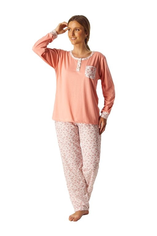 Pijama mujer largo 8098 marca Leniss | 100% Algodón Flores azul
